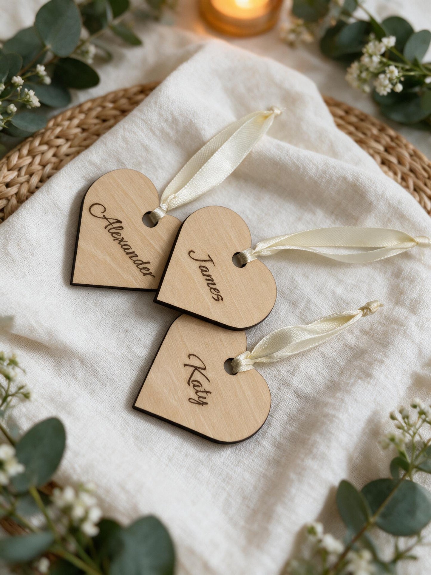 Personalised Wooden Heart Wedding Place Names with Ribbon