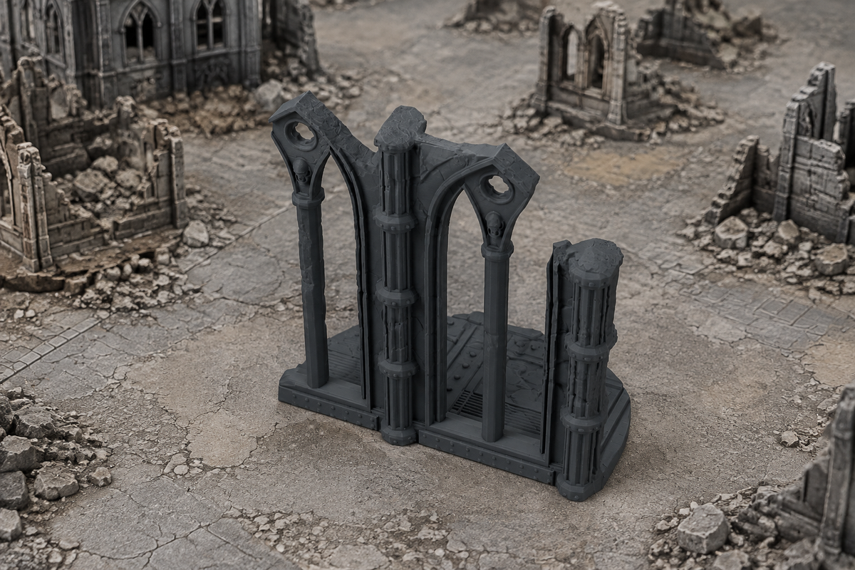 Gothic Cathedral Ruin 01 in scene on a wargaming table