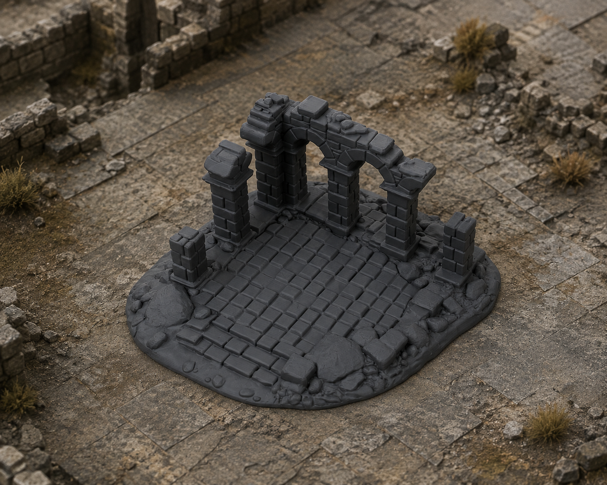 Ruined Arcade in a dark fantasy tabletop scene