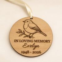 Personalised round birch robin memorial ornament engraved with Evelyn and 1948 - 2026
