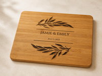 AI-styled supplementary concept of the personalised botanical bamboo chopping board on a warm neutral surface
