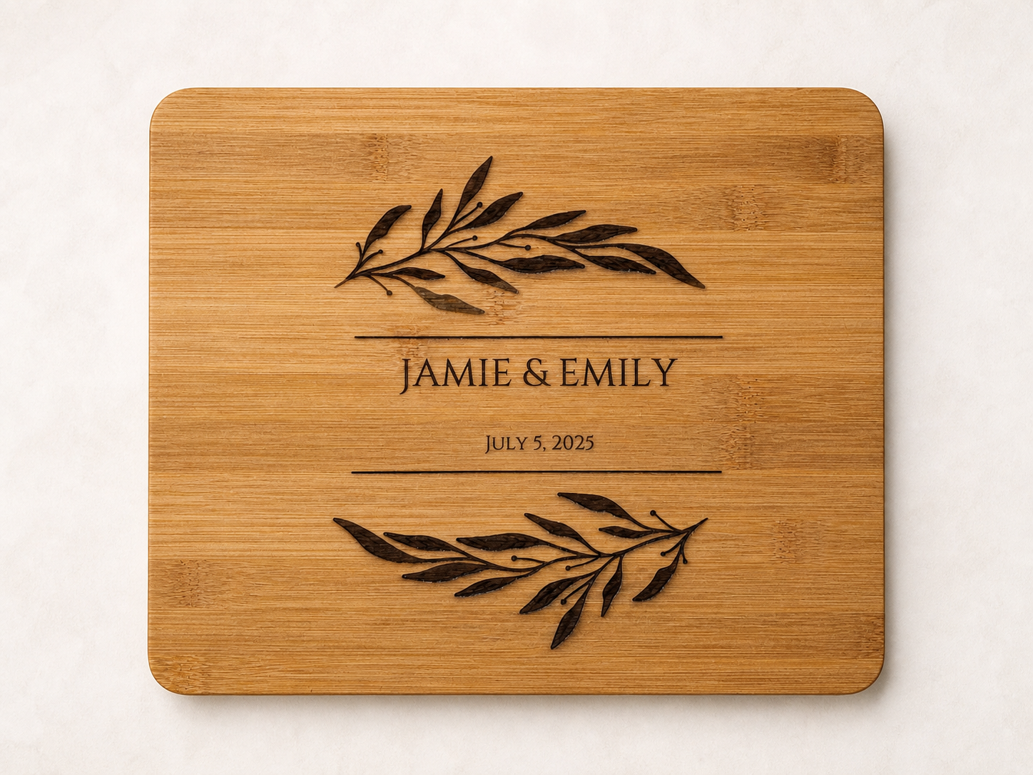 AI-styled supplementary top-down concept showing the full personalised bamboo chopping board