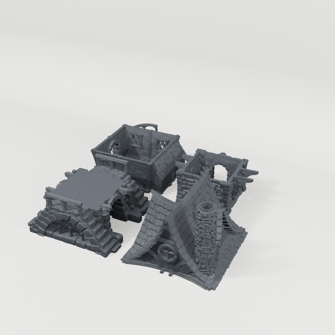 Two-Story Gabled Dwelling, front CAD view showing the included terrain pieces