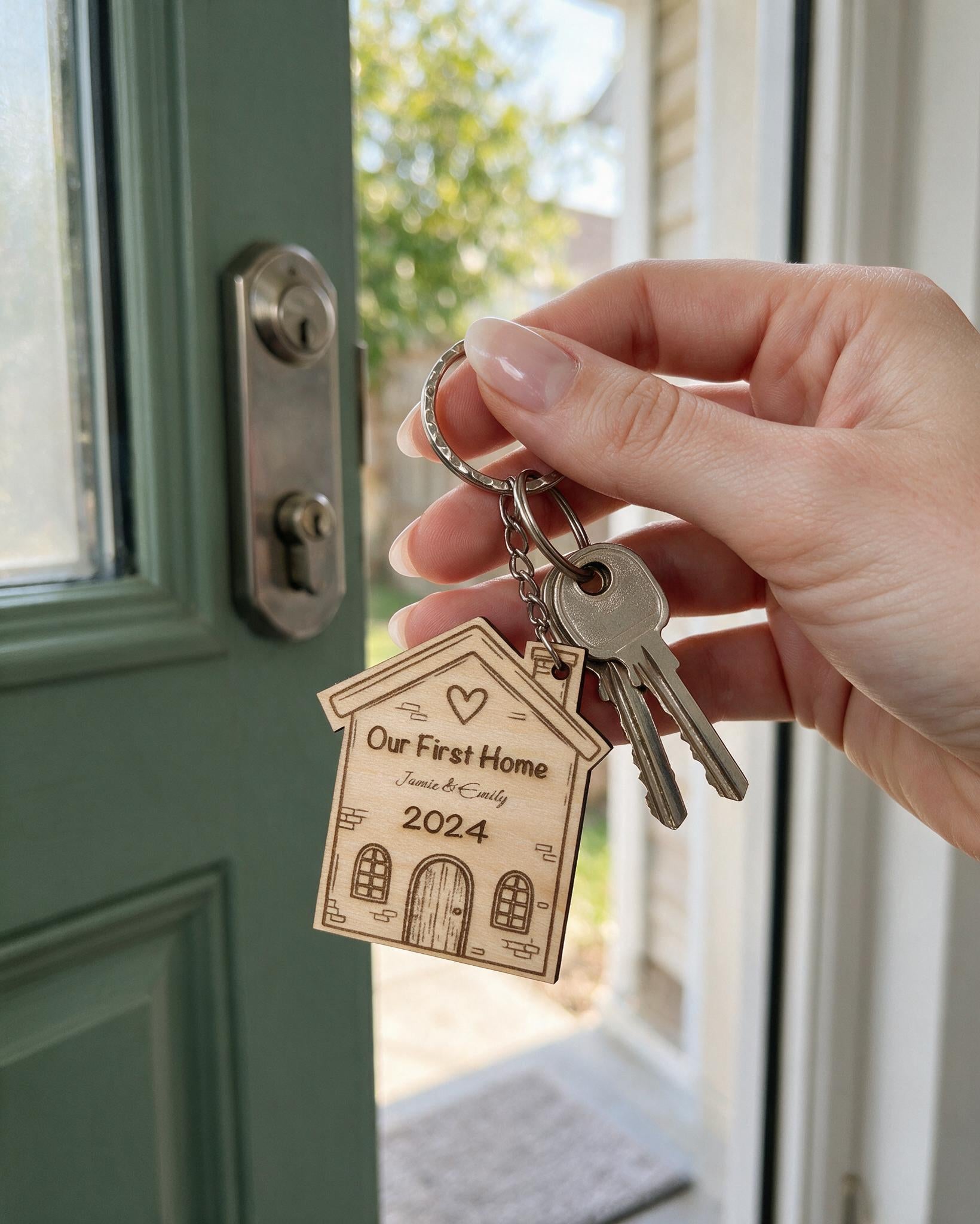 Personalised First Home wooden keyring held at a front door to show its approximate 60 mm scale