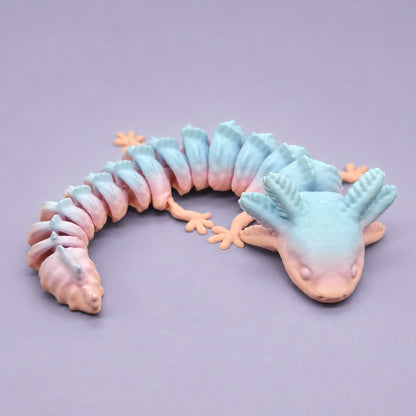 Curled pastel articulated axolotl showing its linked body segments