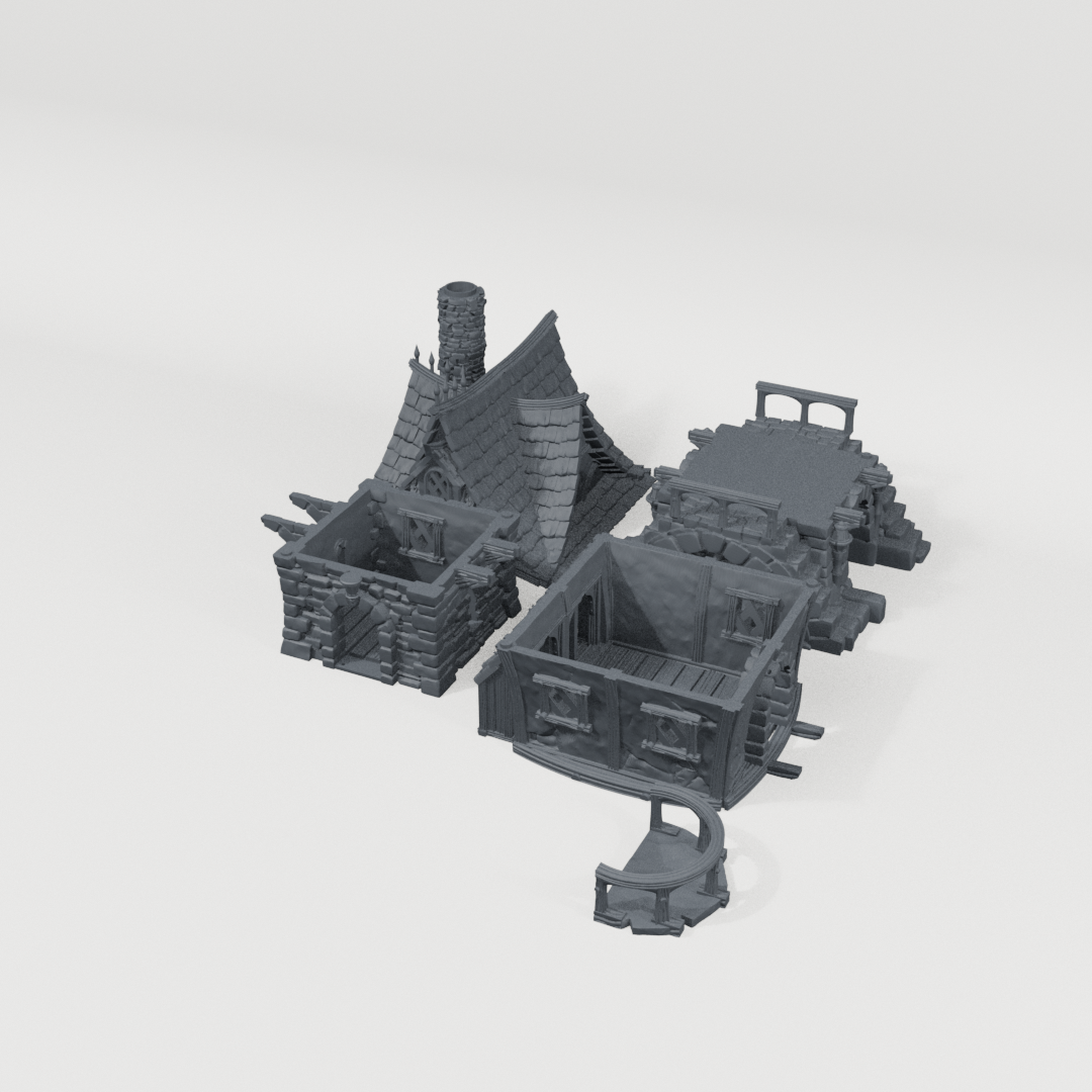 Two-Story Gabled Dwelling, rear CAD view showing the included terrain pieces