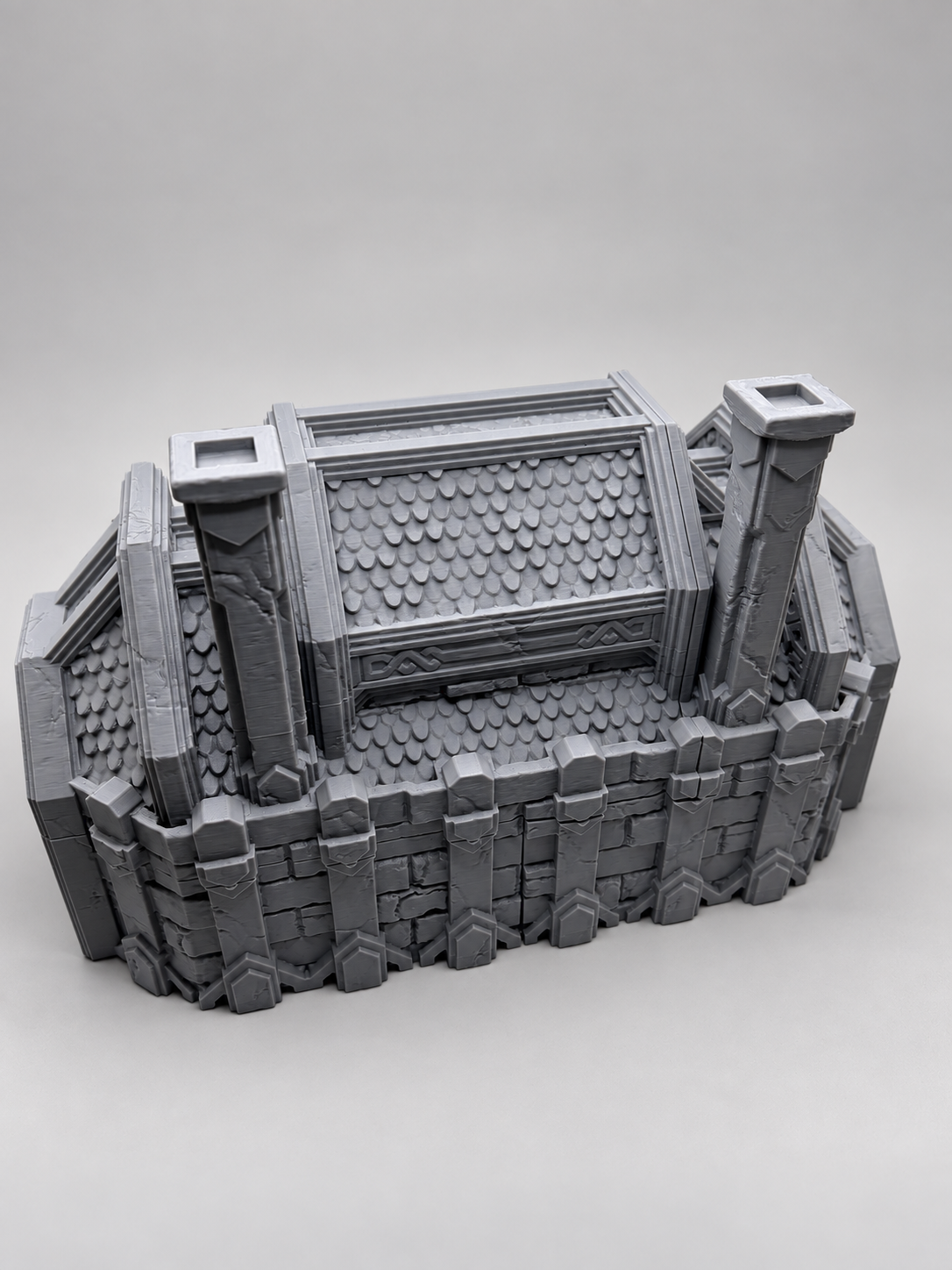 Dwarven Great Hall 28mm terrain, rear three-quarter studio view