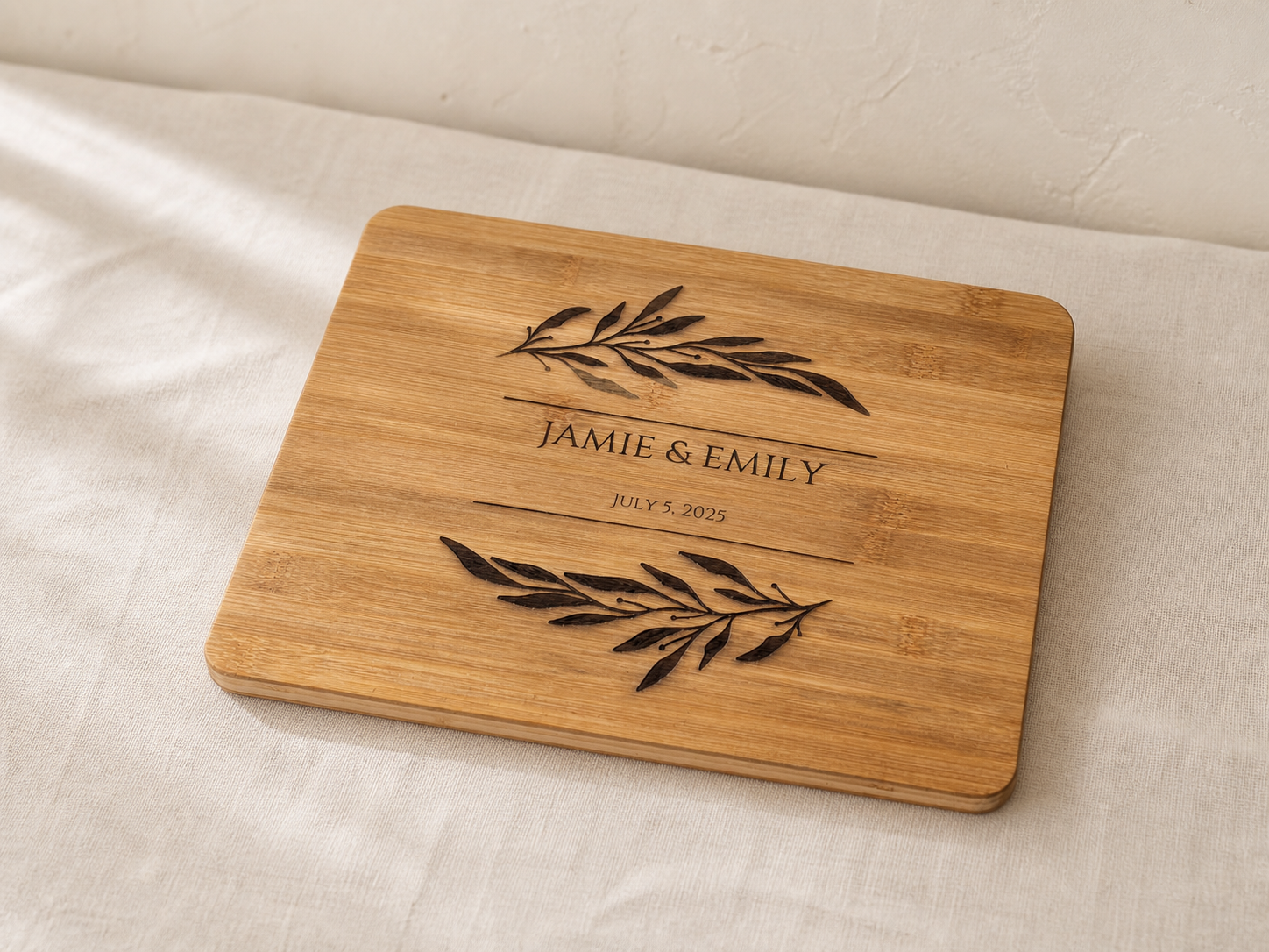 AI-styled supplementary concept of the personalised bamboo chopping board on ivory linen