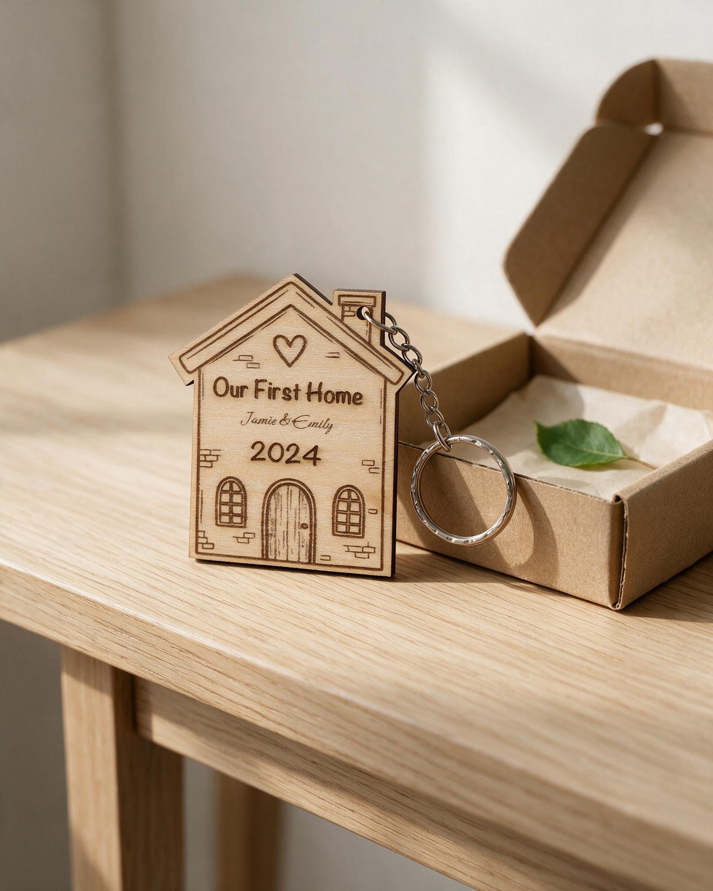 Personalised First Home wooden keyring beside a gift box