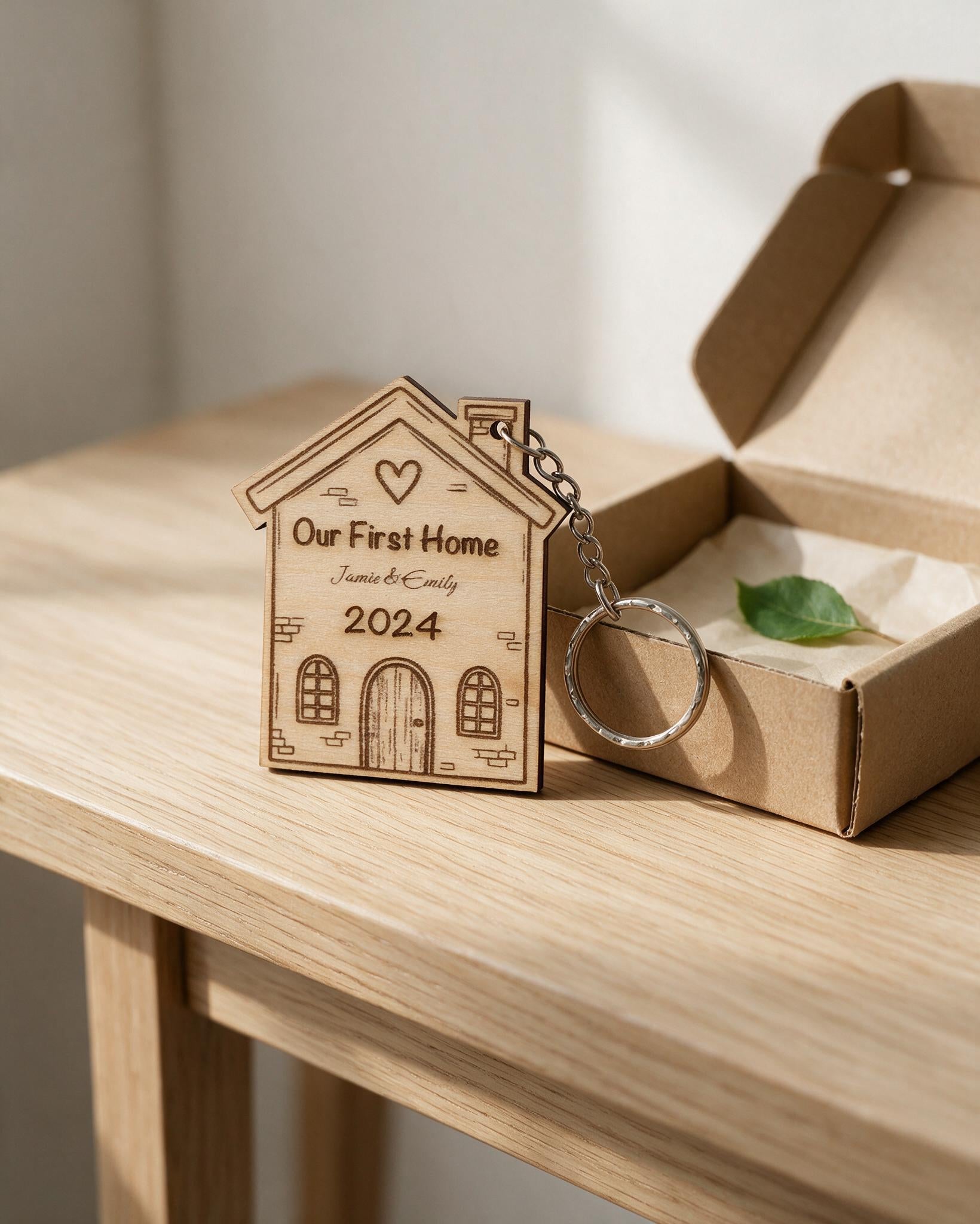Personalised First Home wooden keyring beside a gift box