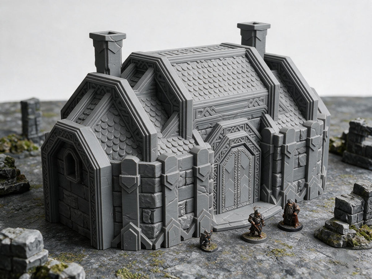 Dwarven Great Hall 28mm terrain with painted scale miniatures shown for display, miniatures not included