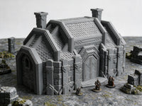 Dwarven Great Hall 28mm terrain with painted scale miniatures shown for display, miniatures not included