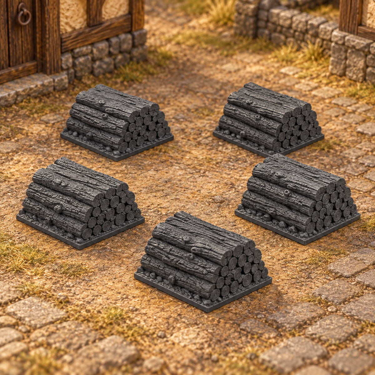 Supplementary product photo for 5x Firewood Stacks 28mm DND Scatter Terrain | Tabletop Wargaming Scenery for Warhammer, Frostgrave & RPG | 3D Printed in unpainted charcoal grey PLA