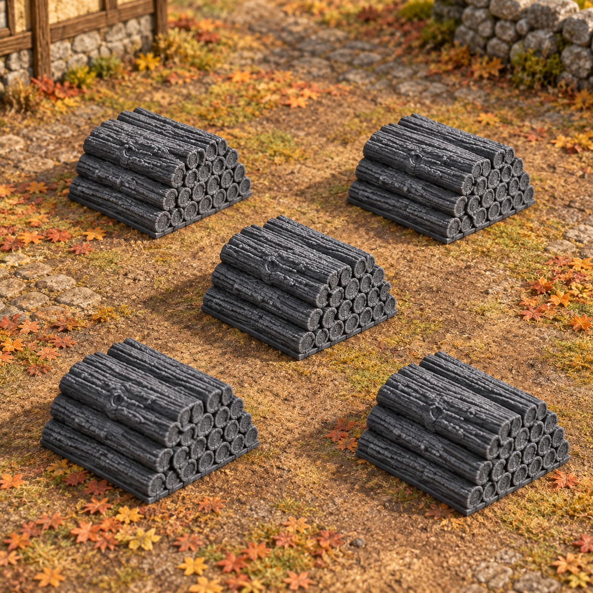 Supplementary product photo for 5x Firewood Stacks 28mm DND Scatter Terrain | Tabletop Wargaming Scenery for Warhammer, Frostgrave & RPG | 3D Printed in unpainted charcoal grey PLA