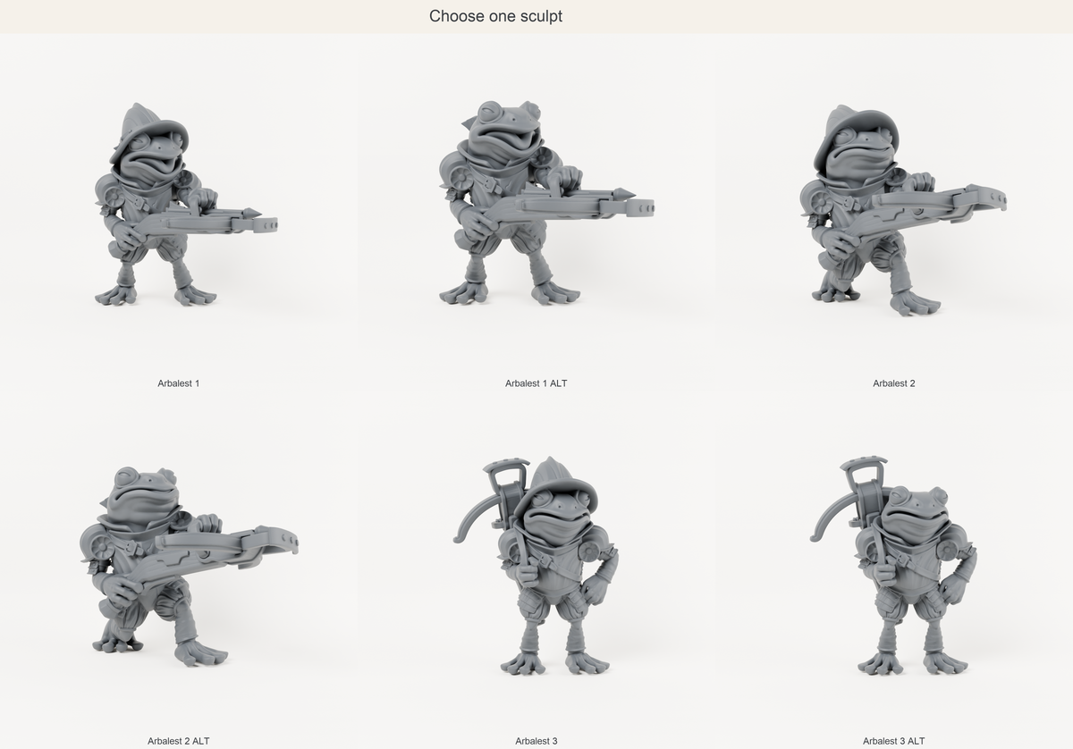 Studio render showing all six Frog Arbalest variants. Choose one sculpt per order.