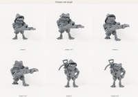 Studio render showing all six Frog Arbalest variants. Choose one sculpt per order.