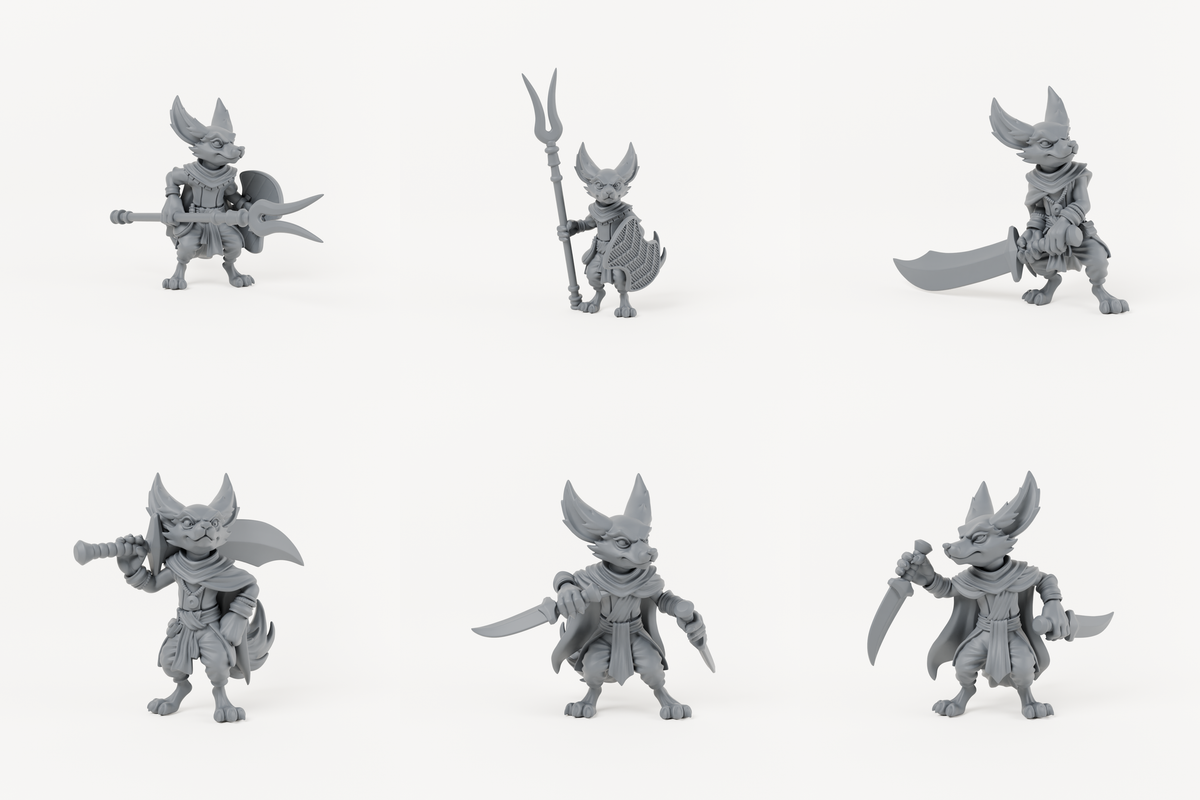 Studio render showing all six unpainted Male Fox Folk miniature variants.