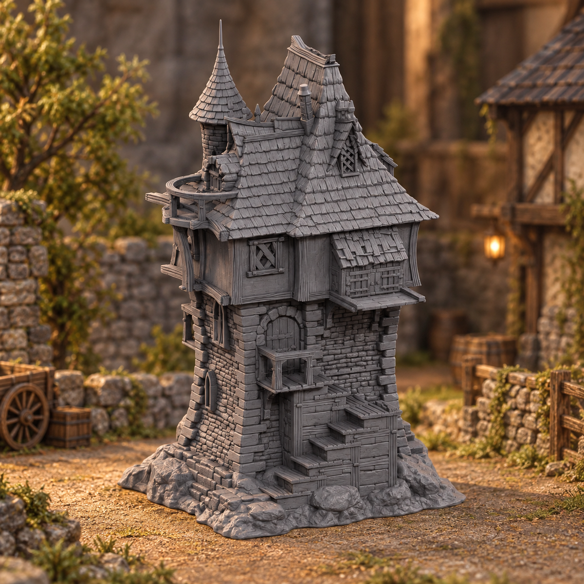 Supplementary product photo for Archmage's Manor 28mm DND Terrain | Tabletop Wargaming Scenery for Warhammer, Frostgrave & RPG | Unpainted 3D Printed in unpainted charcoal grey PLA