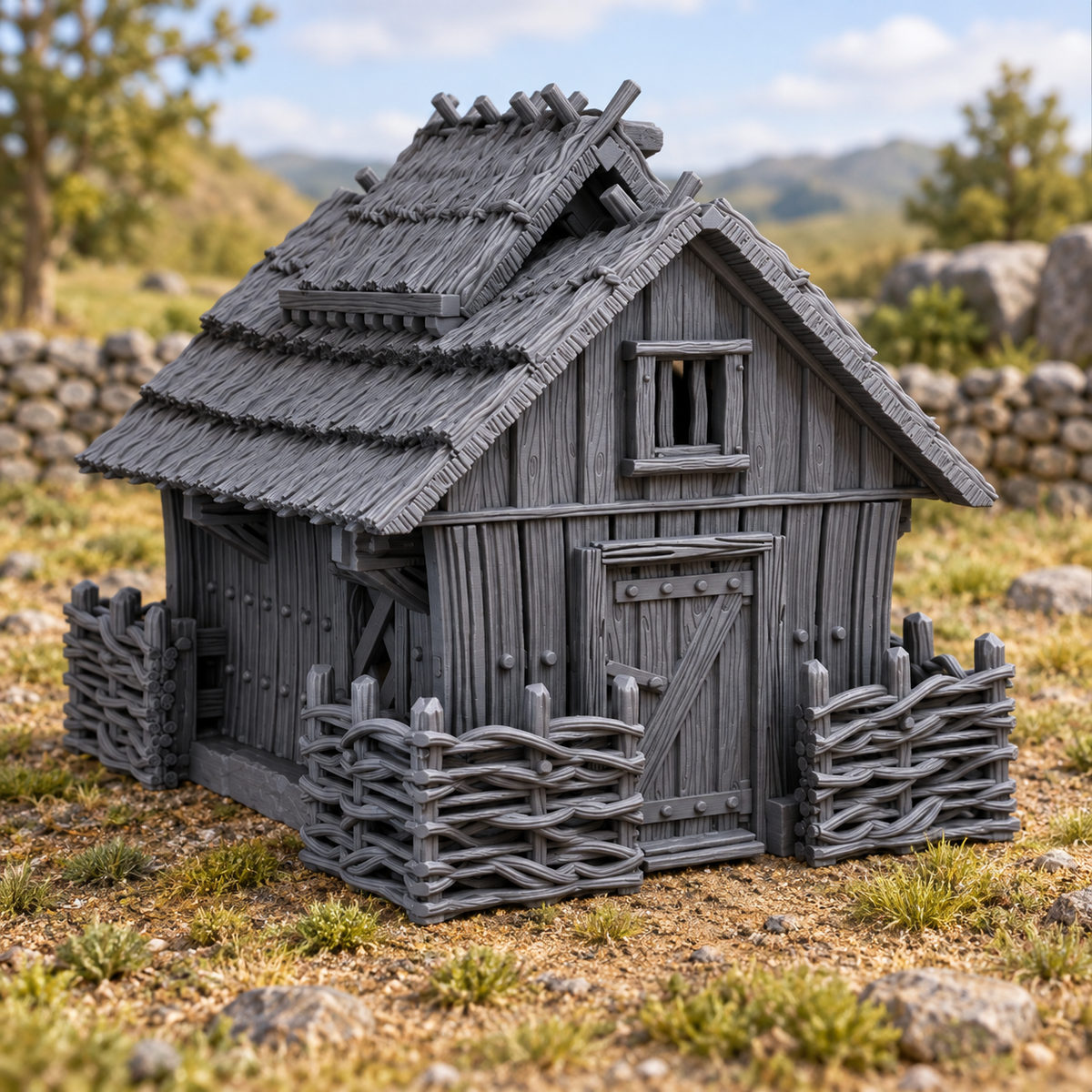 Supplementary product photo for Borderland Hut 28mm DND Terrain | Tabletop Wargaming Scenery for Warhammer, Frostgrave & RPG | Unpainted 3D Printed in unpainted charcoal grey PLA