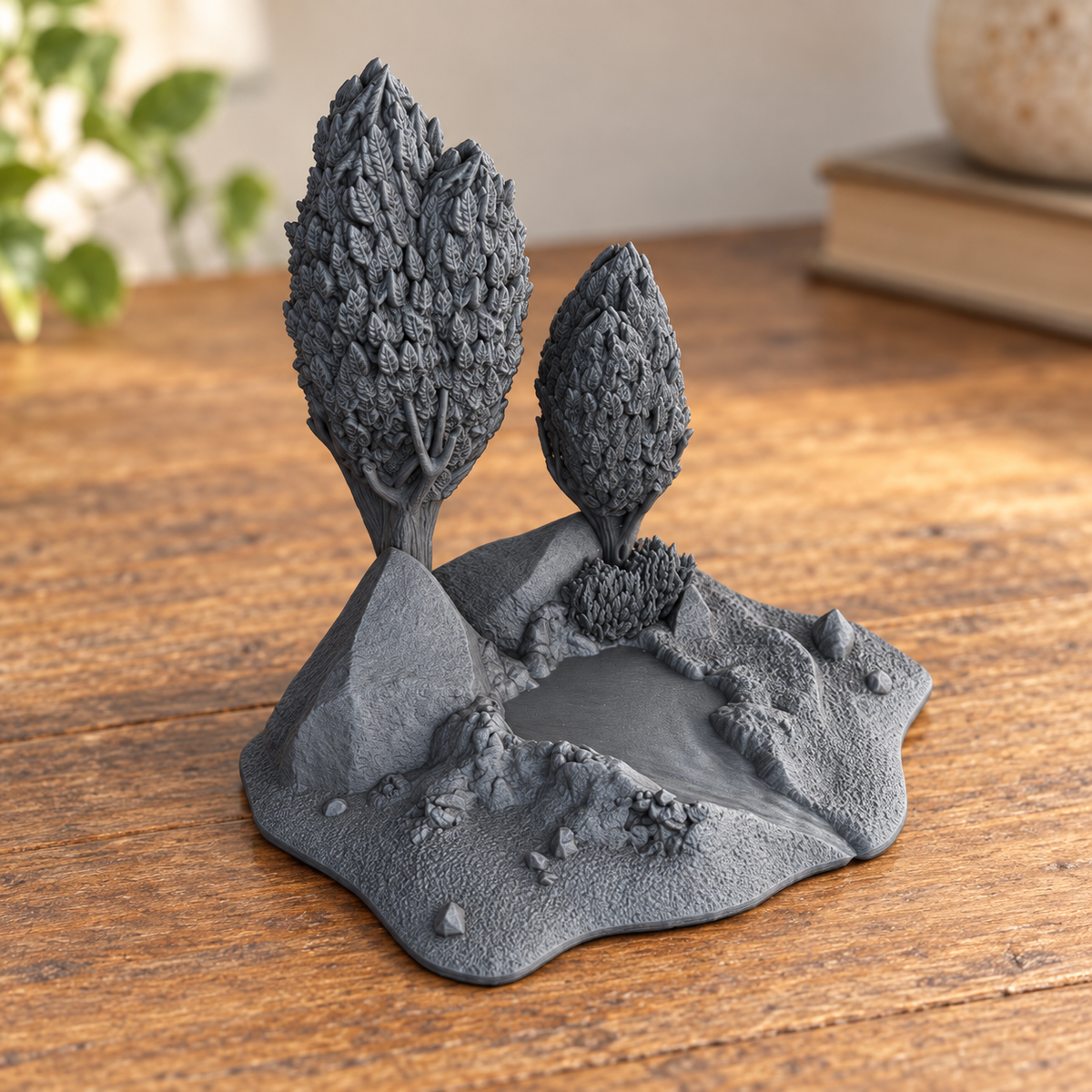 Supplementary product photo for Brook Trees Scatter 28mm DND Terrain | Tabletop Wargaming Woodland Scenery for Warhammer & RPG | 3D Printed in unpainted charcoal grey PLA
