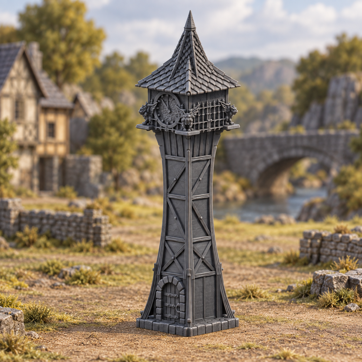 Supplementary product photo for Clock Tower - 28mm Tabletop Terrain in unpainted charcoal grey PLA