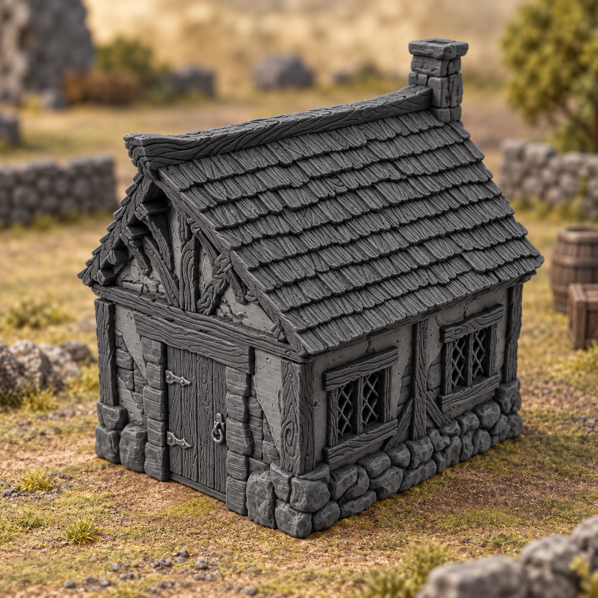 Supplementary product photo for Cottage 28mm DND Terrain | Tabletop Wargaming Scenery for Warhammer, Frostgrave & RPG | Unpainted 3D Printed in unpainted charcoal grey PLA