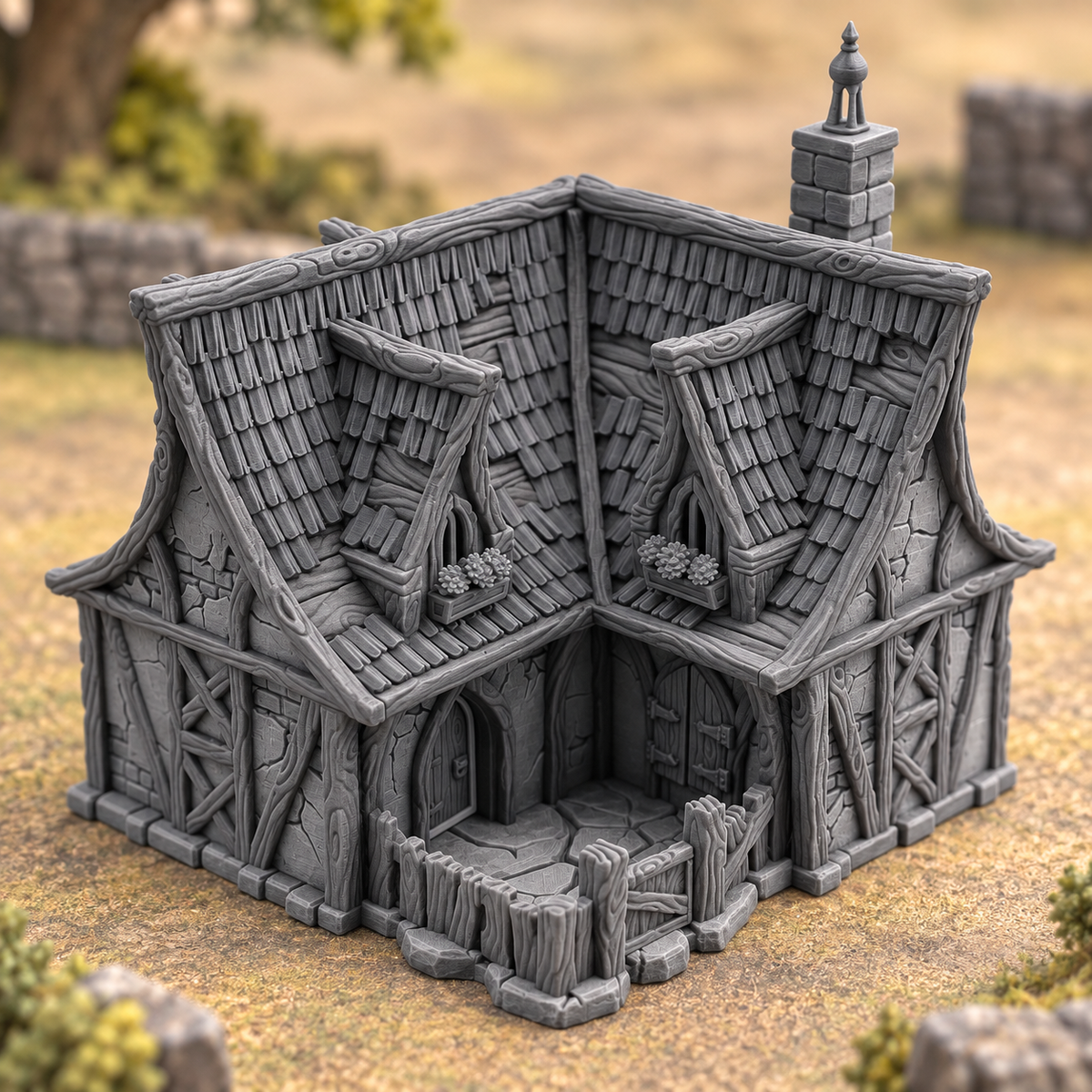 Supplementary product photo for Country Cottage - 28mm Tabletop Terrain in unpainted charcoal grey PLA