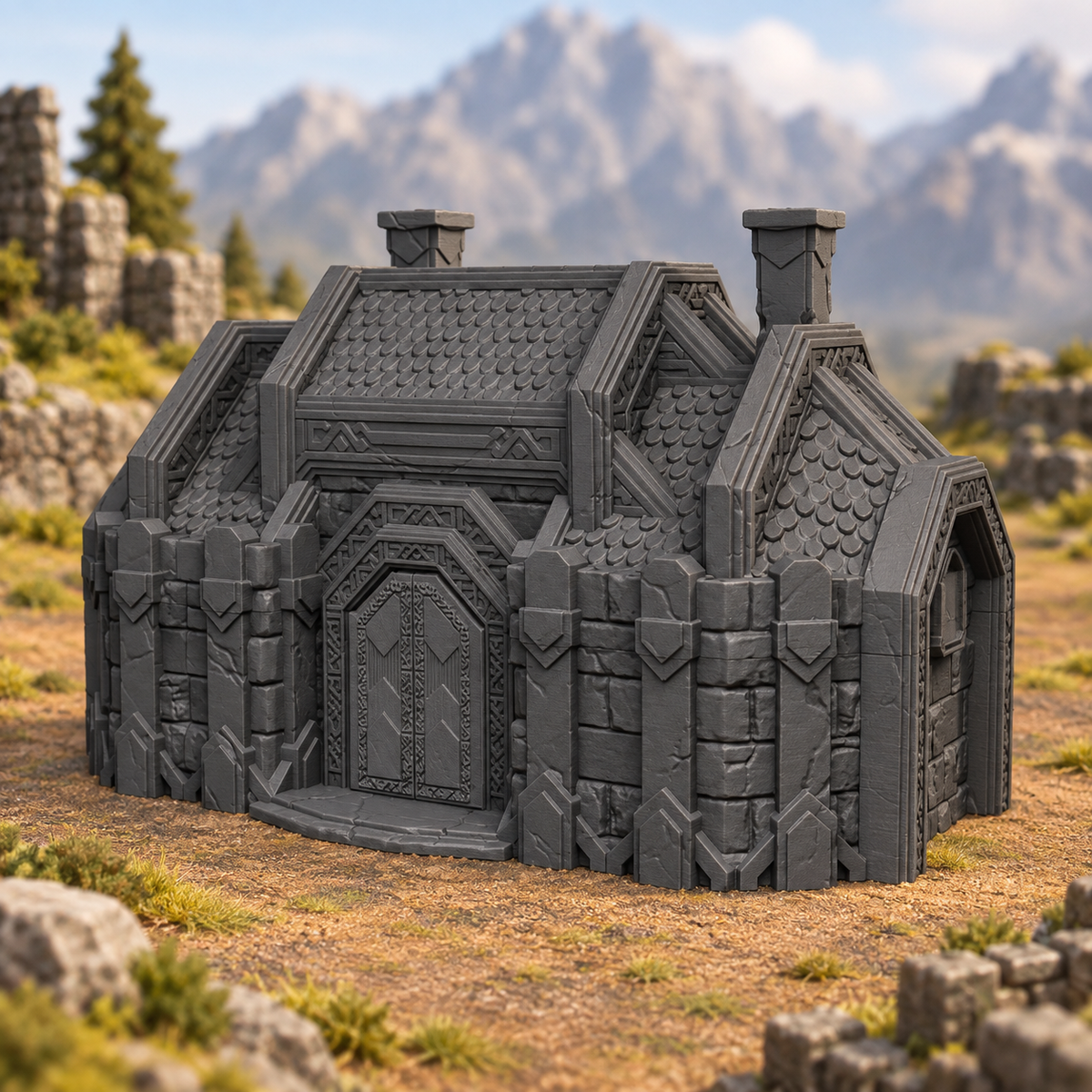 Supplementary product photo for Dwarven Great Hall 28mm DND Terrain | Tabletop Wargaming Scenery for Warhammer, Frostgrave & RPG | 3D Printed in unpainted charcoal grey PLA