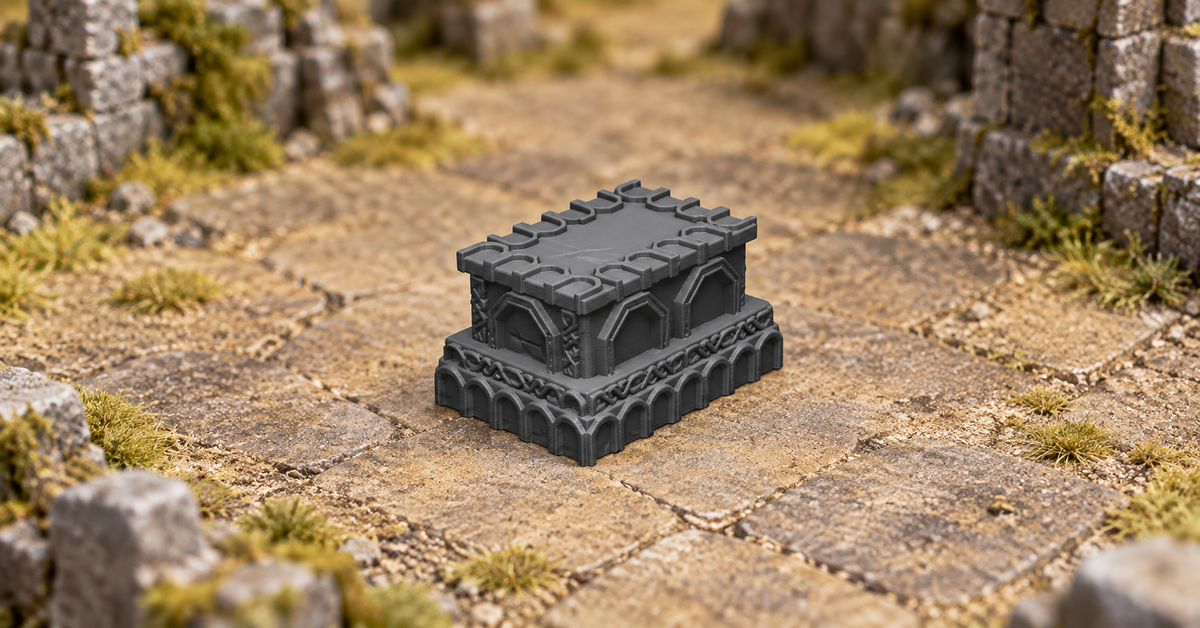 Supplementary product photo for Dwarven Sarcophagus 28mm DND Scatter Terrain | Tabletop Wargaming Scenery for Warhammer & RPG | 3D Printed in unpainted charcoal grey PLA