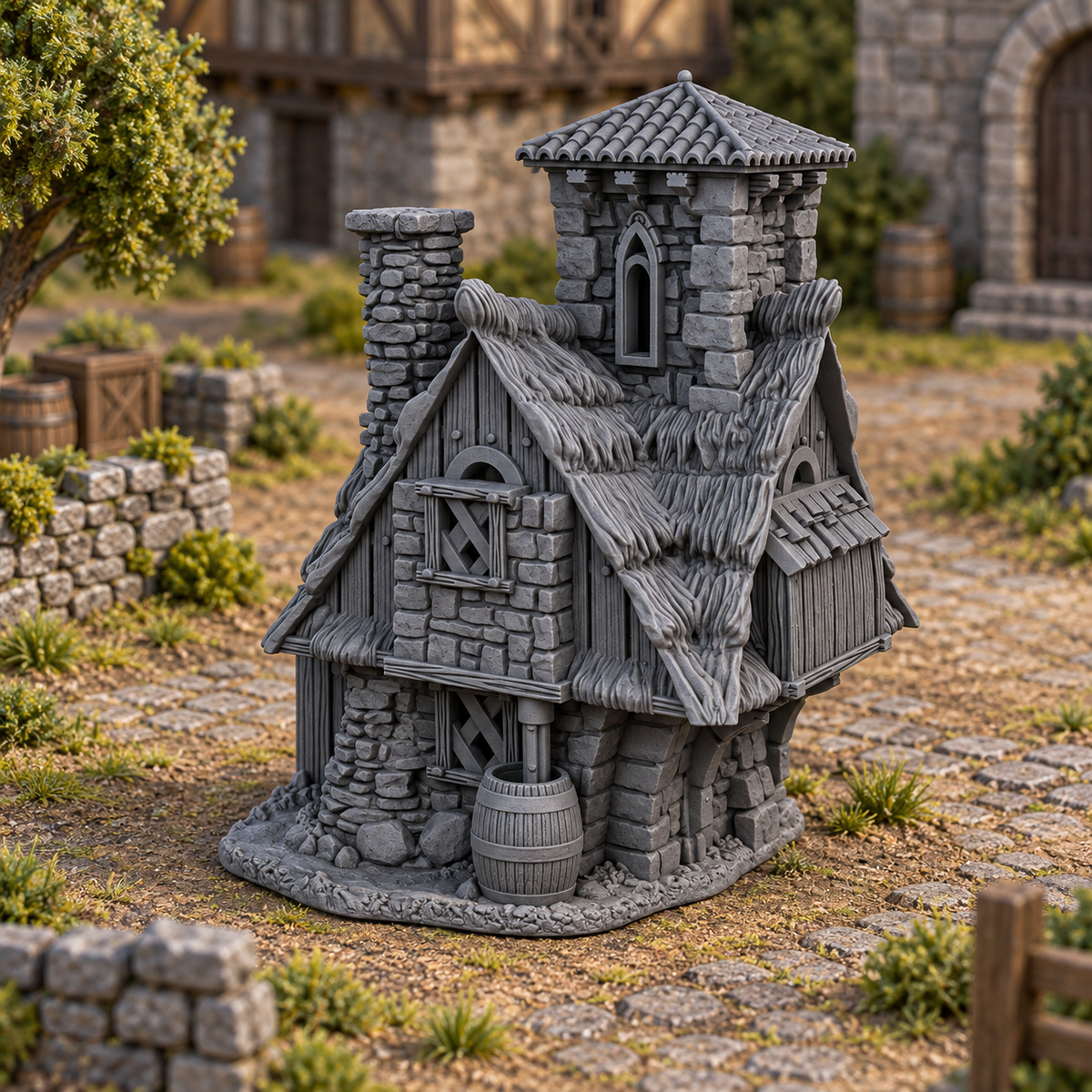 Supplementary product photo for Elderberry Cottage 28mm DND Terrain | Tabletop Wargaming Scenery for Warhammer, Frostgrave & RPG | Unpainted 3D Printed in unpainted charcoal grey PLA