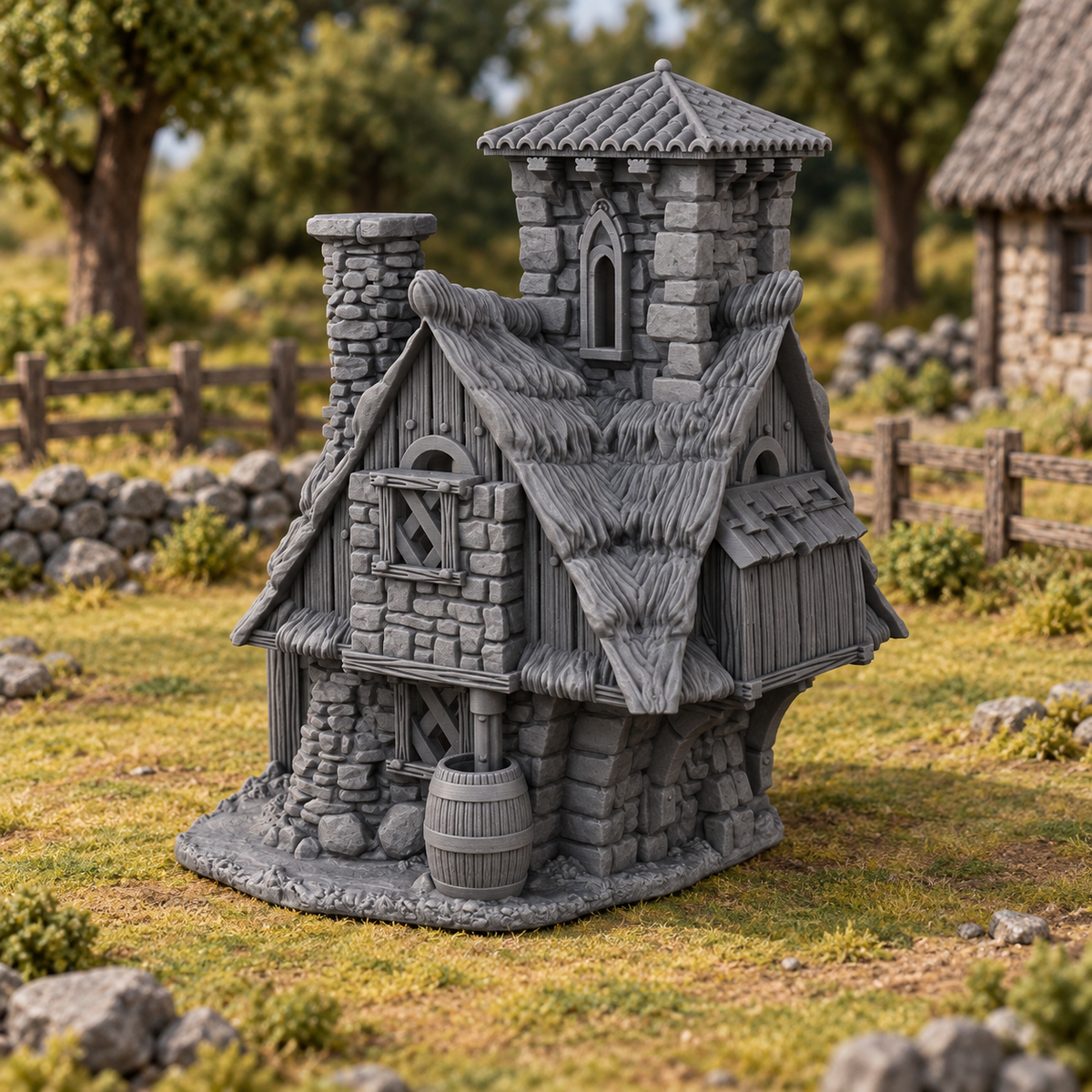 Supplementary product photo for Elderberry Cottage 28mm DND Terrain | Tabletop Wargaming Scenery for Warhammer, Frostgrave & RPG | Unpainted 3D Printed in unpainted charcoal grey PLA