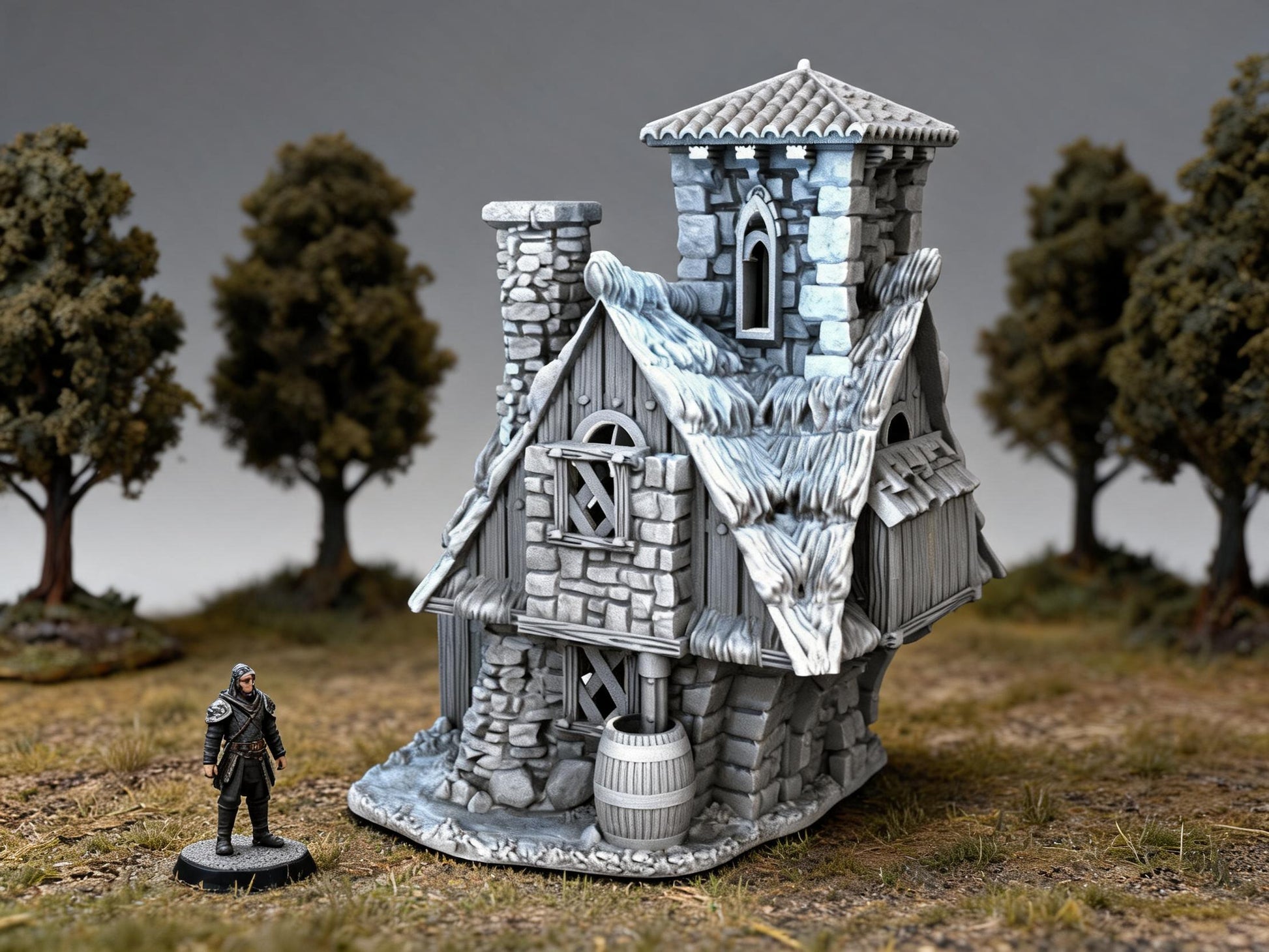 Unpainted Elderberry Cottage 28mm terrain with scale miniatures shown for context; miniatures not included