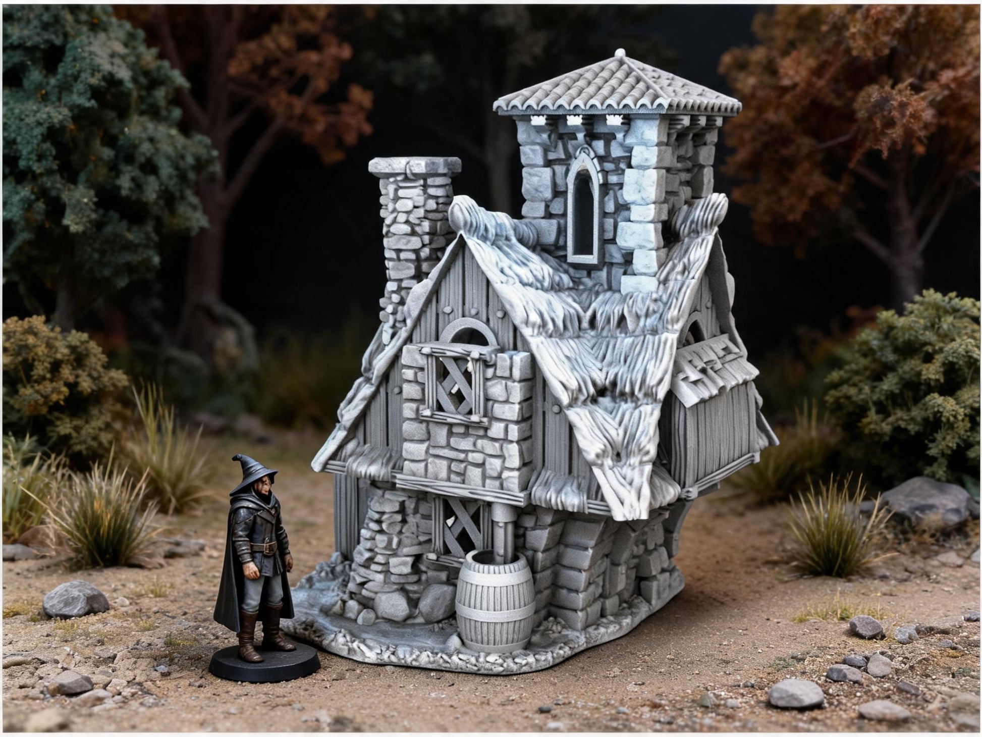 Unpainted Elderberry Cottage 28mm terrain with scale miniatures shown for context; miniatures not included
