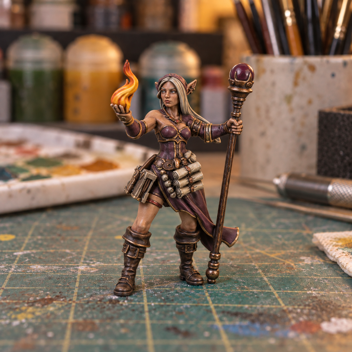 Elf Wizard. Slapchop-painted display example. Supplied unpainted. Background items not included.