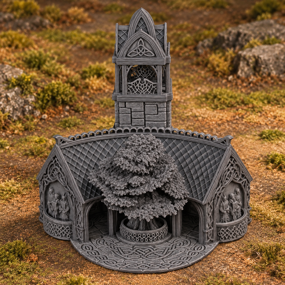 Supplementary product photo for Elven Council Chamber 28mm DND Terrain | Tabletop Wargaming Scenery for Warhammer, Frostgrave & RPG | 3D Printed in unpainted charcoal grey PLA