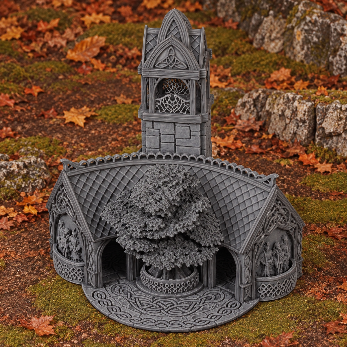 Supplementary product photo for Elven Council Chamber 28mm DND Terrain | Tabletop Wargaming Scenery for Warhammer, Frostgrave & RPG | 3D Printed in unpainted charcoal grey PLA