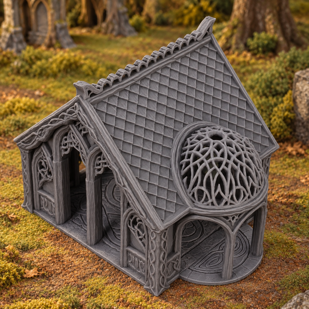 Supplementary product photo for Elven Home 28mm DND Terrain | Tabletop Wargaming Scenery for Warhammer, Frostgrave & RPG | Unpainted 3D Printed in unpainted charcoal grey PLA