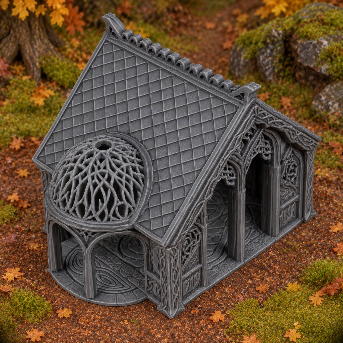 Supplementary product photo for Elven Home 28mm DND Terrain | Tabletop Wargaming Scenery for Warhammer, Frostgrave & RPG | Unpainted 3D Printed in unpainted charcoal grey PLA