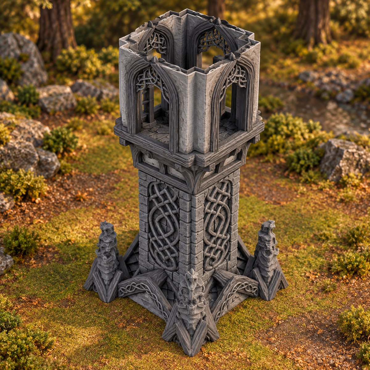 Supplementary product photo for Elven Watchtower 28mm DND Terrain | Tabletop Wargaming Scenery for Warhammer, Frostgrave & RPG | Unpainted 3D Printed in unpainted charcoal grey PLA