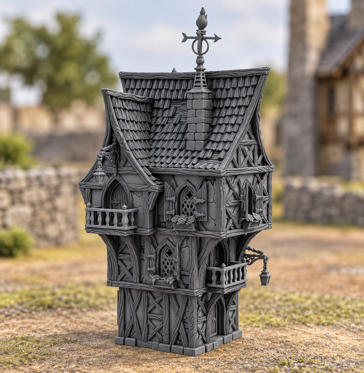 Supplementary product photo for Fantasy Town House - 28mm Tabletop Terrain in unpainted charcoal grey PLA