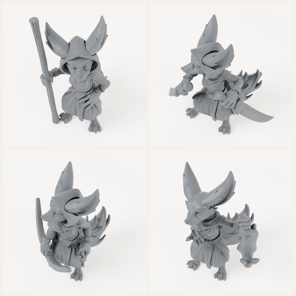 All four Female Fox Folk sculpts in charcoal-grey studio renders.