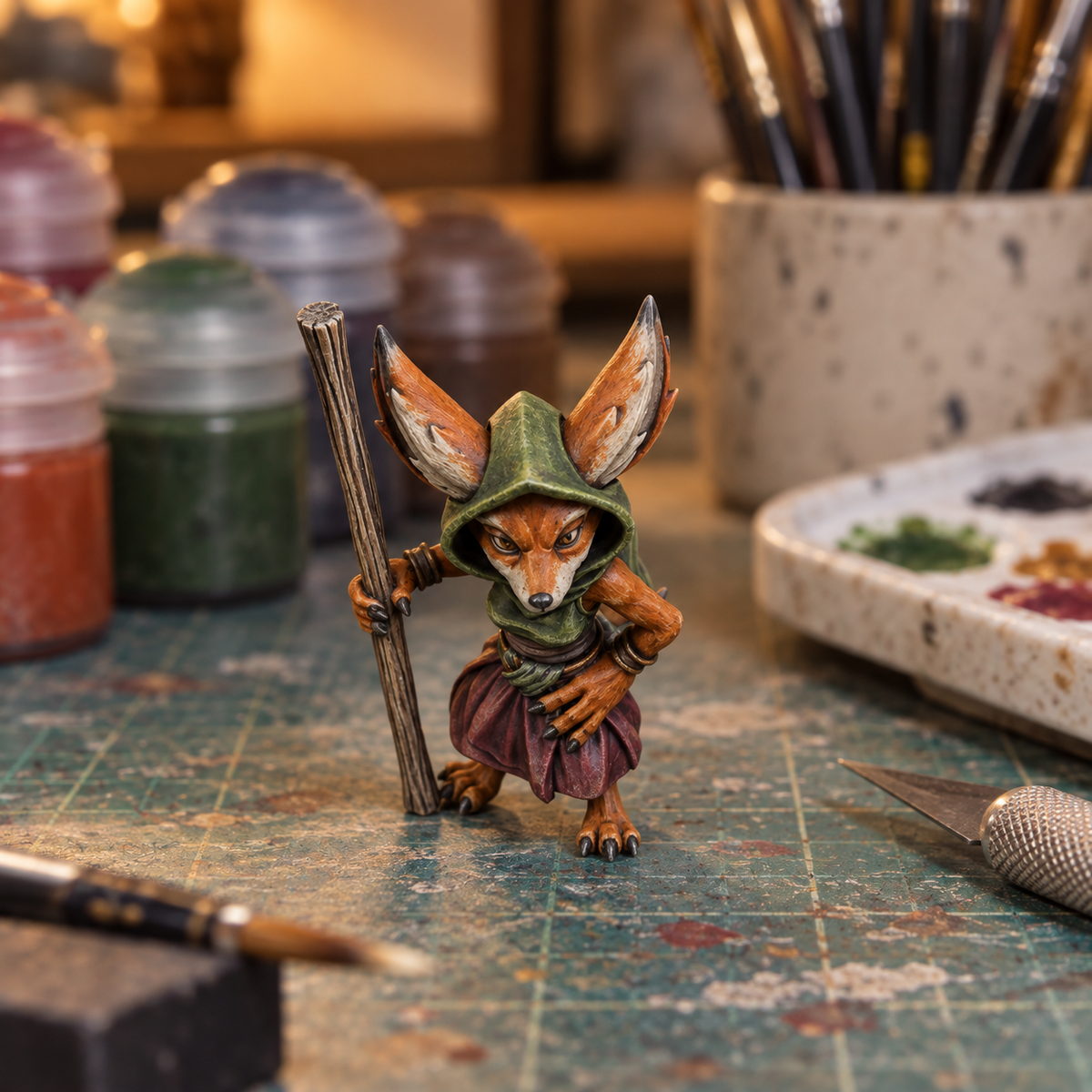 Female Fox Folk staff wielder, Slapchop-painted display example. Supplied unpainted.