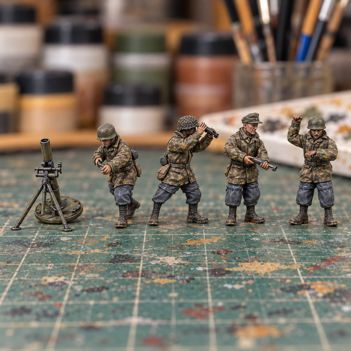 Iron Advance Heavy Mortar Team. Slapchop-painted display example. Supplied unpainted. Background items not included.