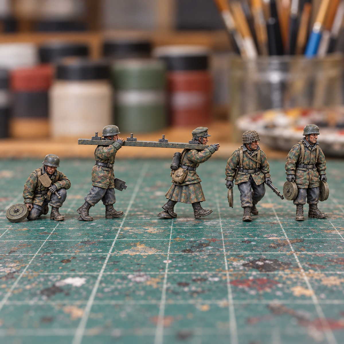 Iron Advance Combat Engineers. Slapchop-painted display example. Supplied unpainted. Background items not included.