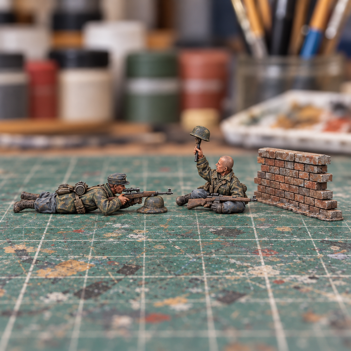 Iron Advance Rifle Sniper Team. Slapchop-painted display example. Supplied unpainted. Background items not included.