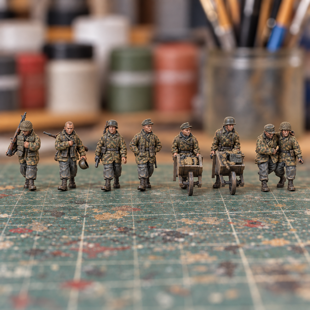 Iron Advance Marching Squad. Painted display example. Supplied unpainted. Background items not included.