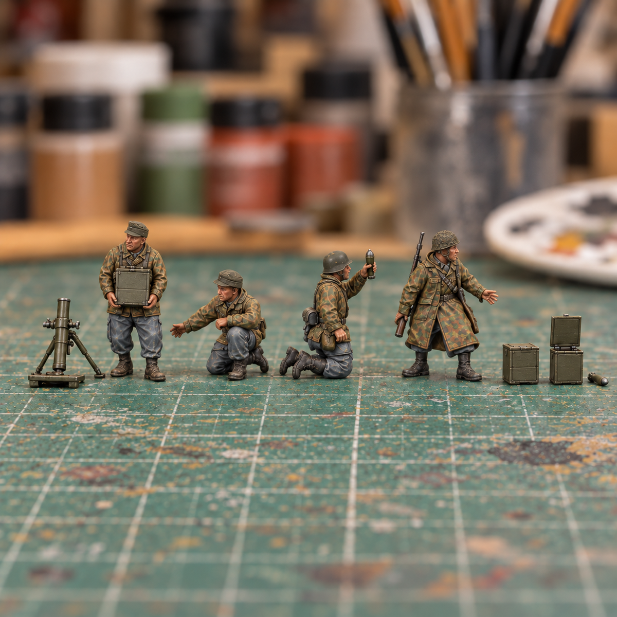 Iron Advance Medium Mortar Team. Painted display example. Supplied unpainted. Background items not included.