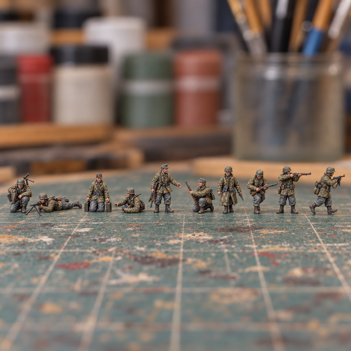 Iron Advance Rifle Squad. Painted display example. Supplied unpainted. Background items not included.