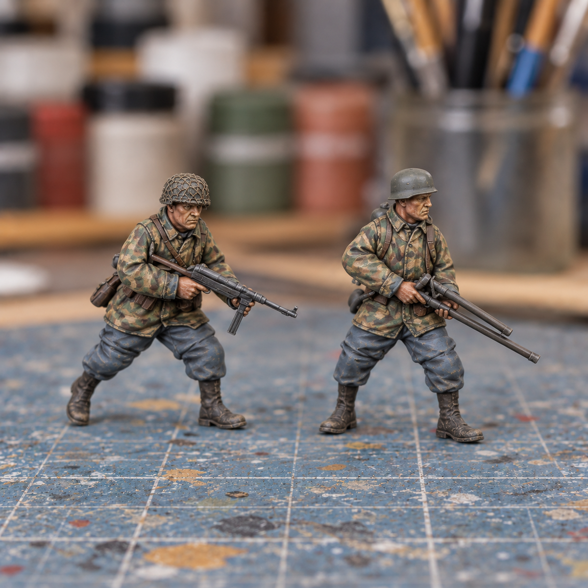 Iron Advance Flame two-figure team. Slapchop-painted display example. Supplied unpainted. Background items not included.