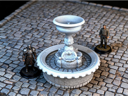 Unpainted Fountain 28mm terrain with scale miniatures shown for context; miniatures not included